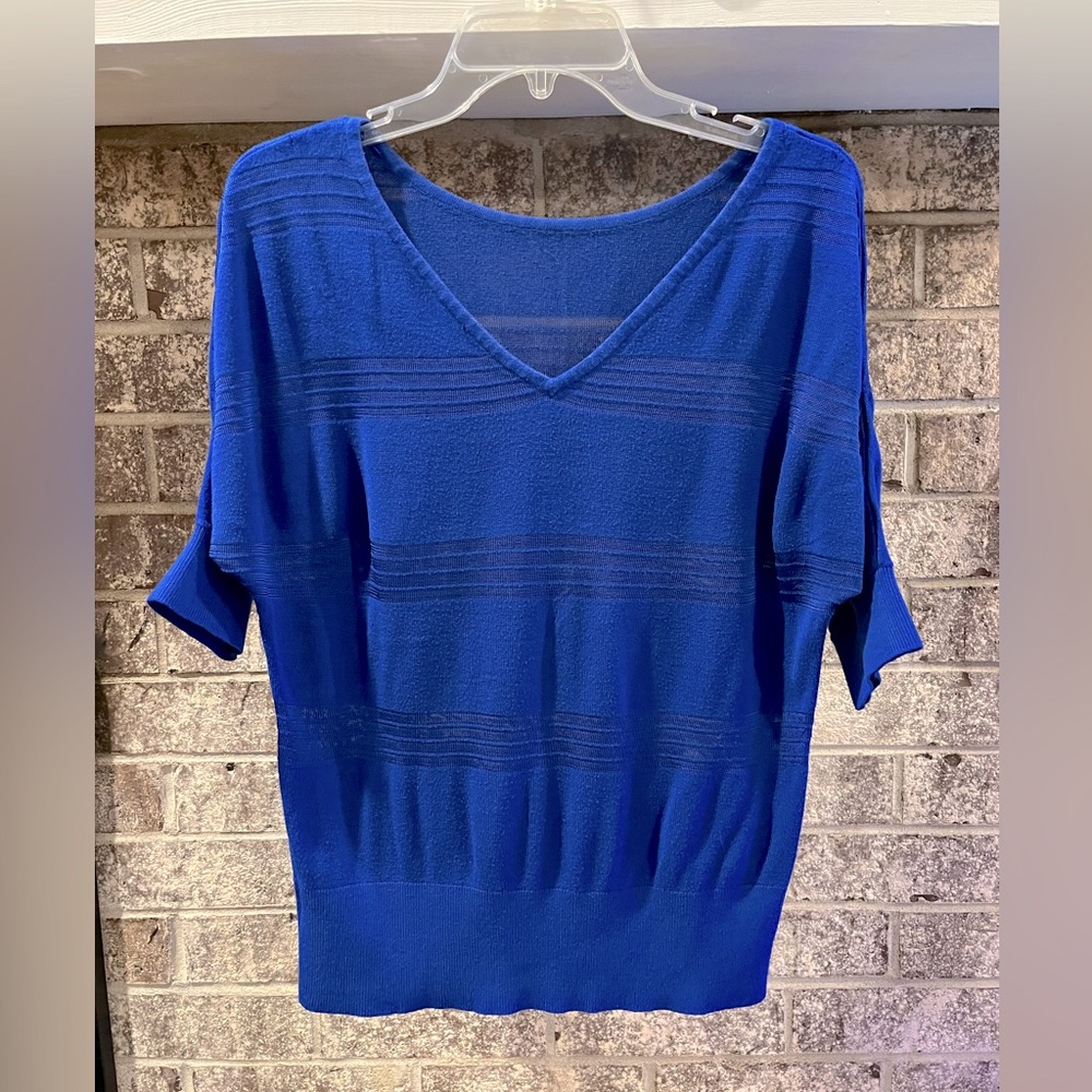 Blue v-neck 3/4 sleeve top with sheer areas.